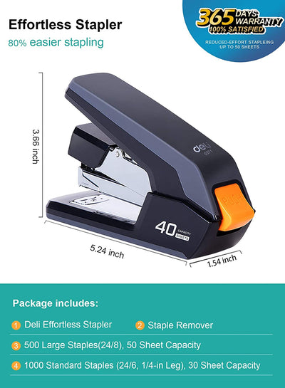 Deli Effortless Desktop Stapler, 40 Sheet Capacity, One Finger Touch Stapling, Easy to Load Ergonomic Heavy Duty Stapler, Includes 1500 Staples and Staple Remover