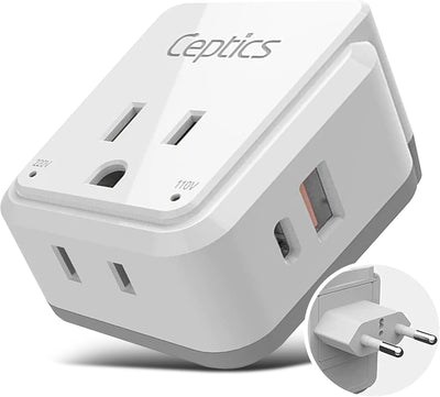 Europe Plug Adapter, 20W PD & QC, Safe Dual USB & USB-C 3.1A - 2 USA Outlet - Compact & Powerful - Use Euro, Greece, Italy, Switzerland, Turkey, Portugal - Includes Type C Swadapt Attachment